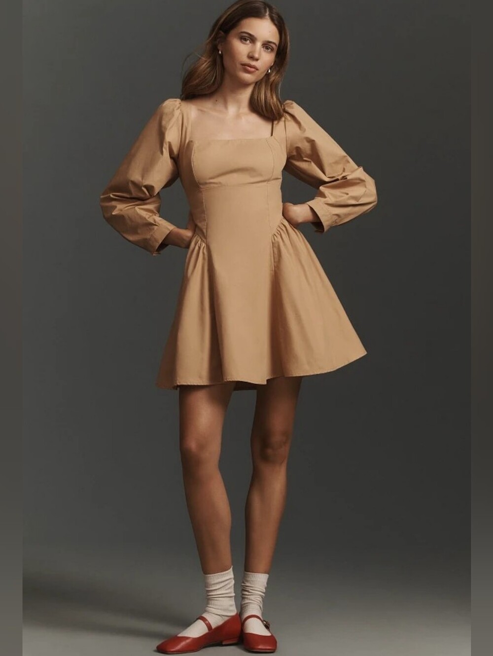 Anthropologie Camel Square-Neck Puff Sleeve Poplin Mini Dress